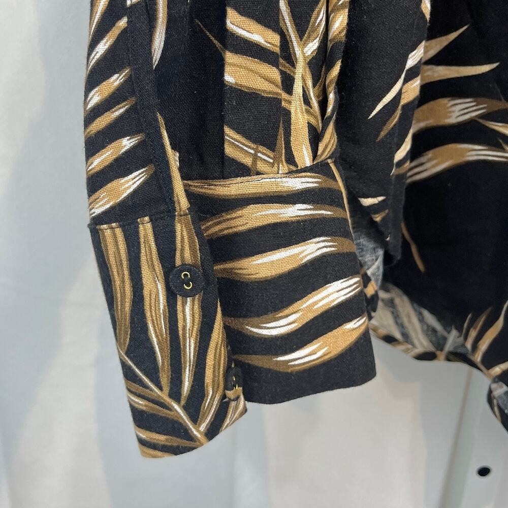 JOIE XL Leaf Print Button Up Long Sleeve Tunic Shirt Linen Blend Black Brown - Picture 5 of 11